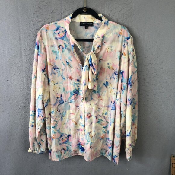 Eloquii Blouse Womens 24 Floral Tie Neck Bow Long Sleeve Button Front Plus Size - Picture 1 of 16